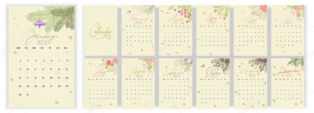 Wall Monthly Calendar 2023. Simple monthly vertical hand drawn, watercolor calendar Design 2023 in English. Cover, 12 months templates. Week starts from Monday. Vector illustration