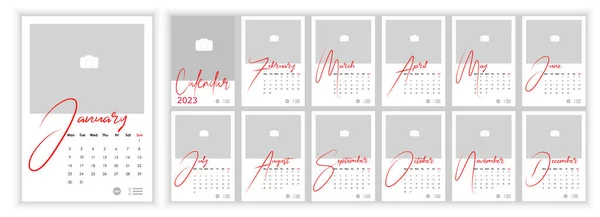 Wall Monthly Photo Calendar 2023. Simple monthly vertical photo calendar Layout for 2023 year in English. Cover Calendar, 12 months templates. Week starts from Monday. Vector illustration