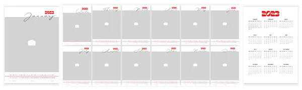 Wall Monthly Photo Calendar 2023. Simple monthly vertical photo calendar Layout for 2023 year in English. Cover Calendar, 12 months templates. Week starts from Monday, Sanday. Vector illustration