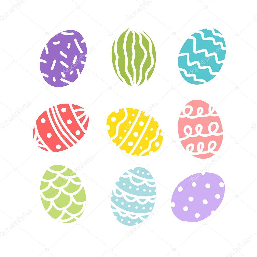 Easter eggs. Colorful bright multicolored decorated egg set. Flat, cartoon, isolated 