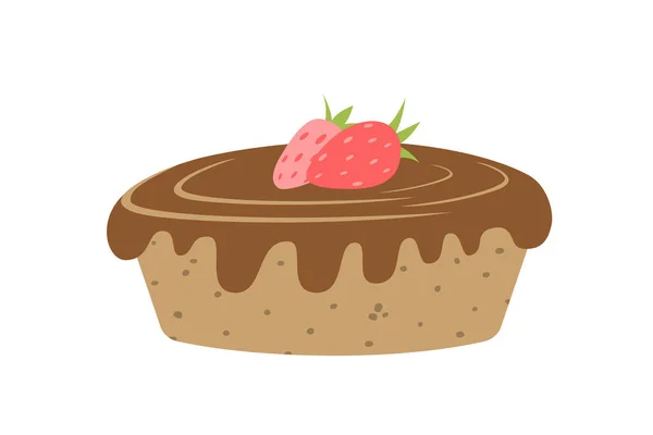 Cake with chocolate glaze and strawberry. Pie. Flat, cartoon, isolated — Stock Vector