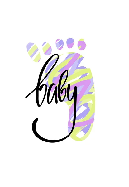 Baby voetafdruk of hiel. Handgetekende hiel en belettering baby — Stockvector