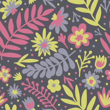 Çiçek. Renkli çiçekler ve yapraklarla İskandinav karalama deseni. Scandi. İzole edilmiş