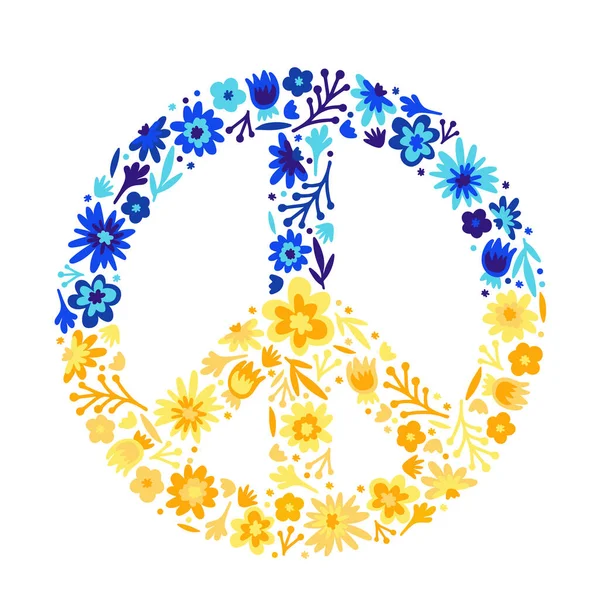 Simbolo del Pacifico con bandiera ucraina. Blu giallo. Pace in Ucraina. vettore doodle piatto — Vettoriale Stock