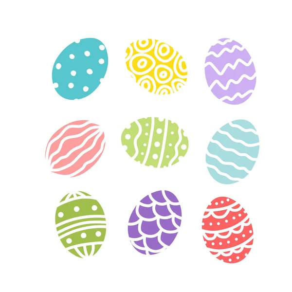 Huevos de Pascua. Colorido conjunto de huevos decorados multicolor brillante. Piso, dibujos animados, aislado — Vector de stock