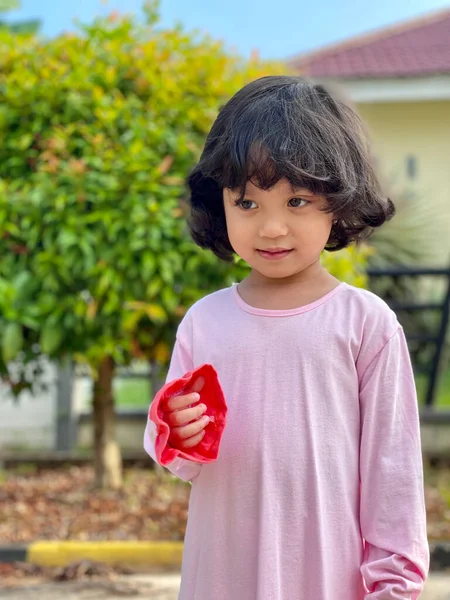 Retrato Una Niña Vistiendo Vestido Rosa Sonriendo Con Fondo Hojas —  Fotos de Stock