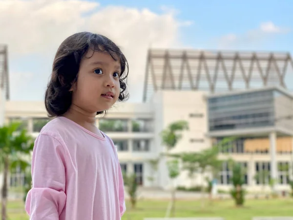 Portrait of a little girl wearing pink dress