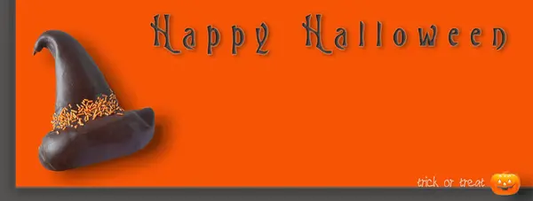 Šťastný Halloween Slavnostní Oranžové Pozadí Grafický Čokoládový Chléb Čarodějnice Klobouk — Stock fotografie