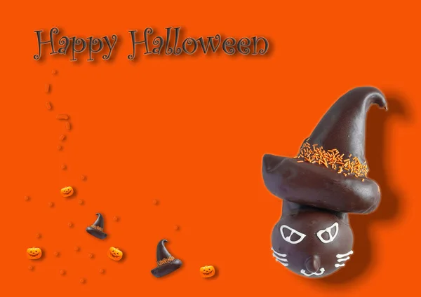 Halloween Grafický Oranžový Pozadí Roztomilý Kočka Čokoládový Chléb Tvář Čarodějnice — Stock fotografie