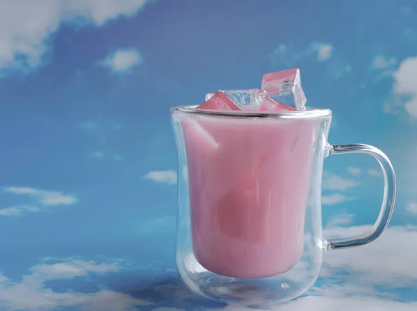 Close Double Glass Cup Filled Pastel Pink Color Drink Blue — Photo