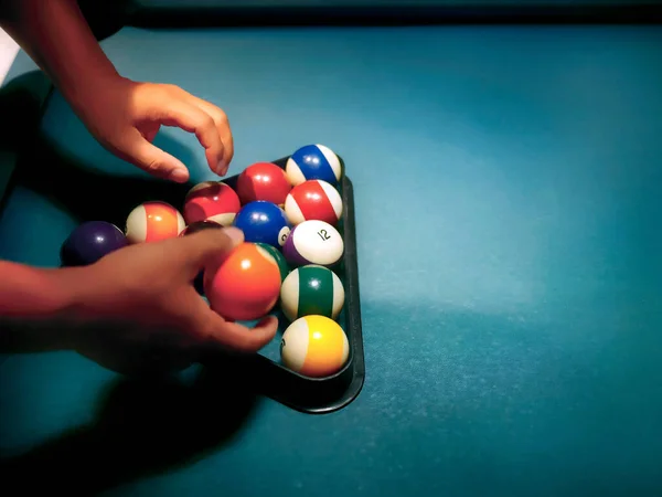 Hands Preparing Pool Balls Triangle Rack Billiard Table — Stok fotoğraf