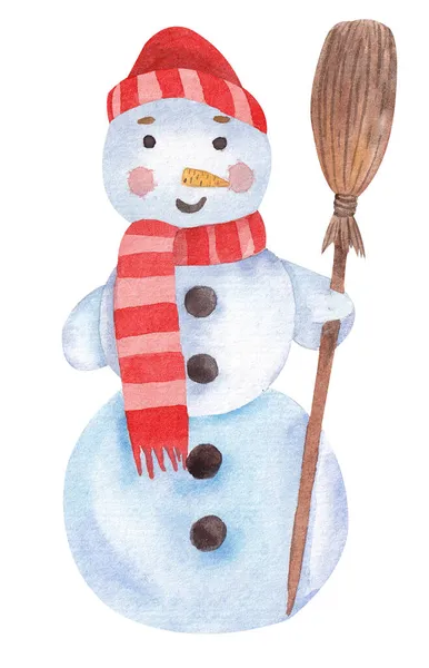 Aquarell Niedlicher Schneemann Mit Rotem Hut Und Schal Mit Besen — Stockfoto