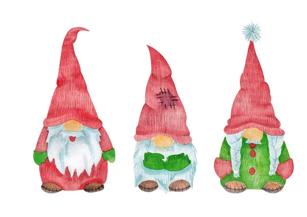 Set Watercolor Gnomes Illustration Santa Claus Helpers Red Caps White — Stock Photo, Image