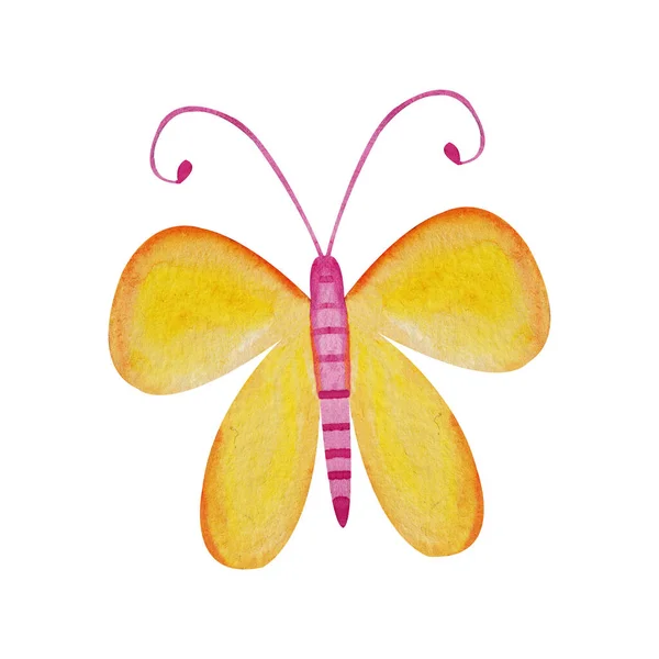 五彩斑斓的黄色蝴蝶蝴蝶在白色背景上的水彩画 用于明信片 纺织品 — 图库照片