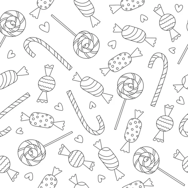Sömlös mönster med kontur godis på vit bakgrund. Lollipop, godis käpp. Linjekonst. Doodle-stil. — Stock vektor
