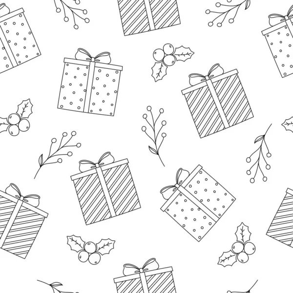Noël et Nouvel An motif sans couture. Boîte cadeau art ligne, gui et houx sur fond blanc. Style caniche. — Image vectorielle