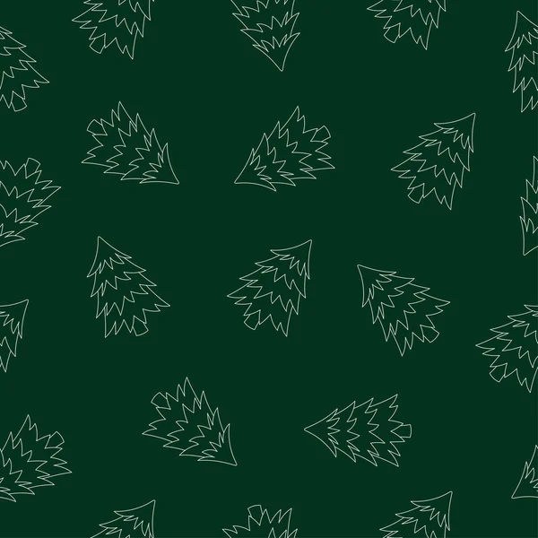 녹색 배경에 흰색 크리스마스 트리의 바다없는 패턴. 소나무요. 라인 아트. Doodle 스타일. — 스톡 벡터
