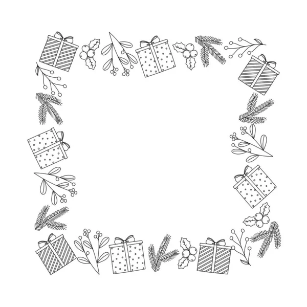Cadre carré de Noël avec plantes d'hiver, baies et coffrets cadeaux. Mistletoe, houx, branche de pin et boîte cadeau. L'art linéaire. Style caniche. — Image vectorielle