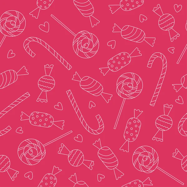 Motif sans couture avec des bonbons contour sur fond rose. Sucette, canne à sucre. L'art linéaire. Style caniche. — Image vectorielle