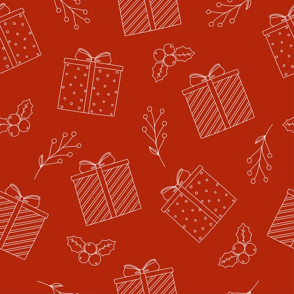 Noël et Nouvel An motif sans couture. Boîte cadeau art ligne, gui et houx sur fond rouge. Style caniche. — Image vectorielle