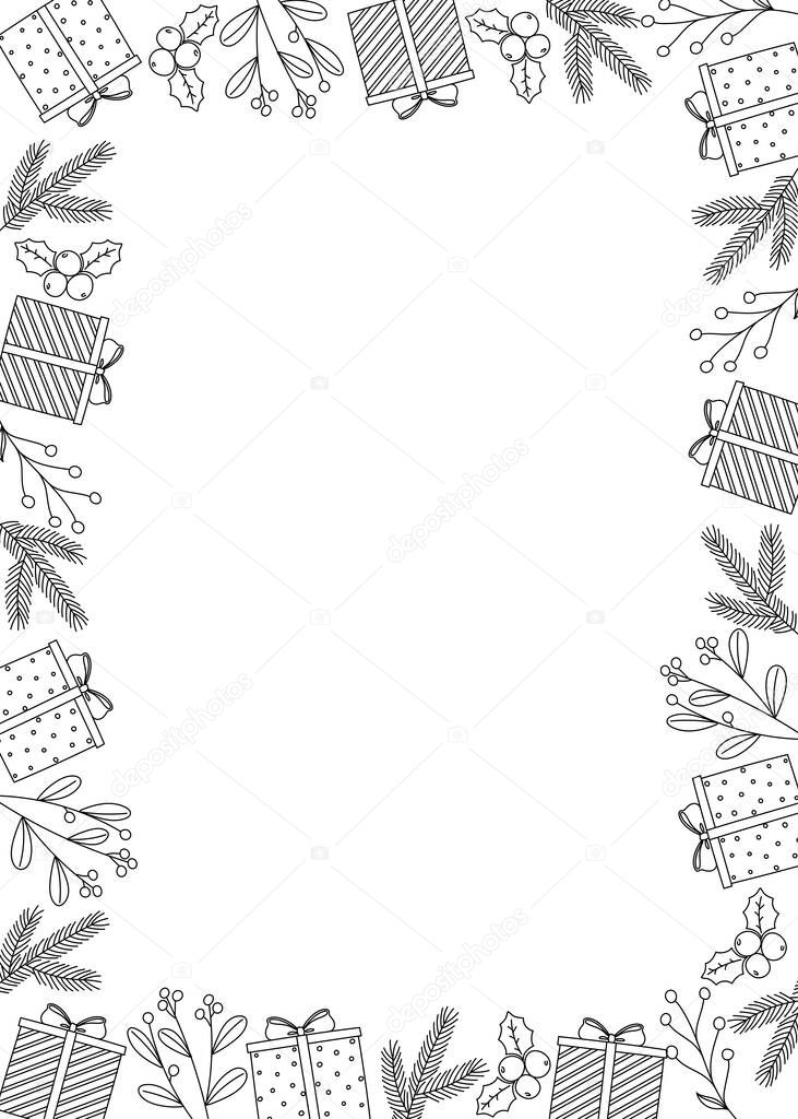 Christmas frame with winter plants, berries and gift boxes. Mistletoe, holly, pine branch and present box. Line art. Doodle style. 