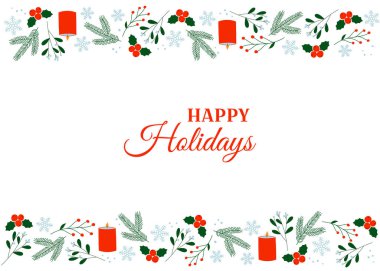 Kış bitkileri ve böğürtlenlerle dolu Noel tebrik kartı. Ökseotu, çoban püskülü, çam dalı, mum ve kar tanesi. İyi tatiller. Vektör illüstrasyonu