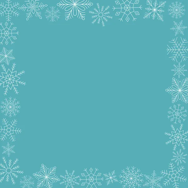 青い背景に白い雪片のフレーム。線画だ。氷の結晶冬のシンボル。冬のデザインのテンプレート. — ストックベクタ