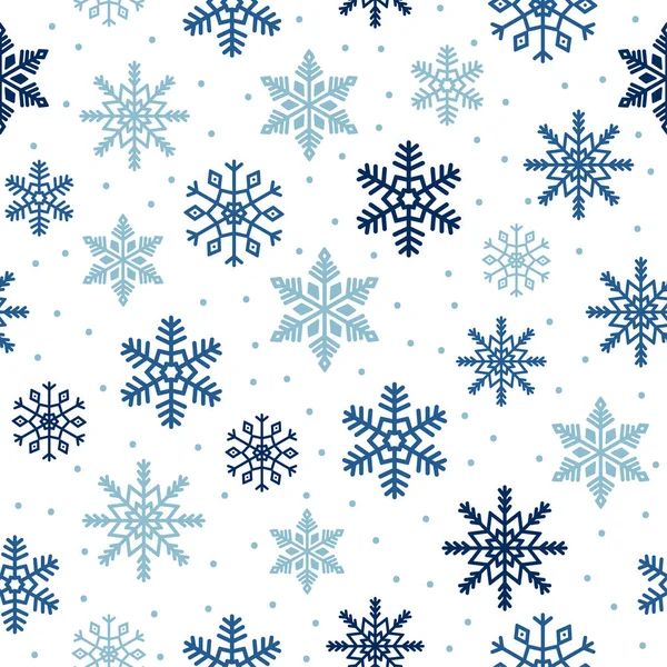 Copos de nieve patrón sin costuras. Copos de nieve azules y puntos sobre fondo blanco. Fondo para el diseño de invierno. — Archivo Imágenes Vectoriales
