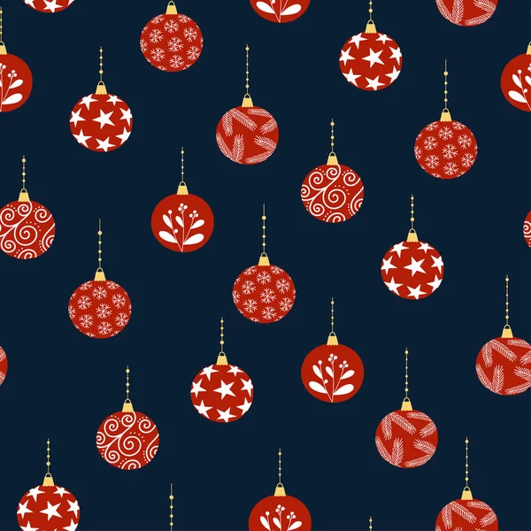 Απρόσκοπτη μοτίβο του κόκκινου διακοσμημένο μπάλες Χριστούγεννα σε σκούρο μπλε φόντο. Φόντο για εορταστικό σχεδιασμό χειμώνα. — Διανυσματικό Αρχείο