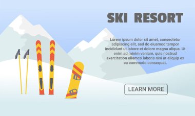 Kayak merkezi iniş sayfası şablonu. Kış aktiviteleri afiş tasarımı. Kayak, kayak sopaları ve snowboard ile kış manzarası. 