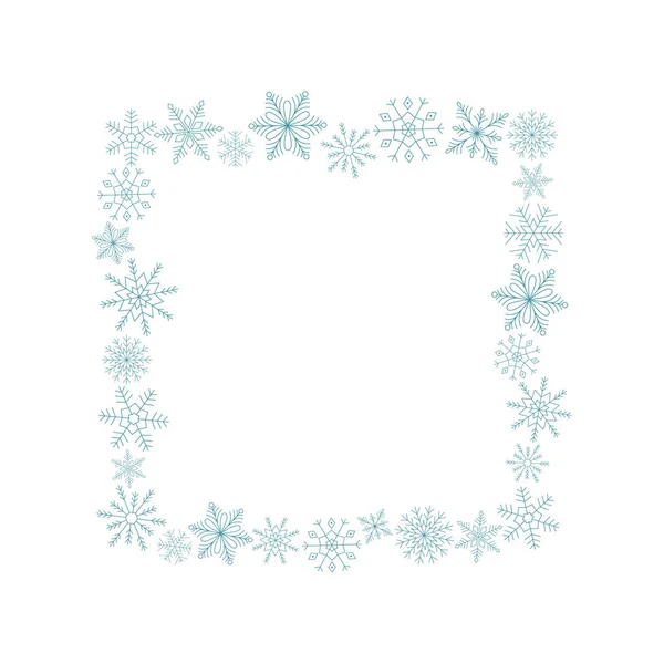 Marco cuadrado de copos de nieve azules. Arte de línea. Cristal de hielo símbolo de invierno. Plantilla para diseño de invierno. — Vector de stock