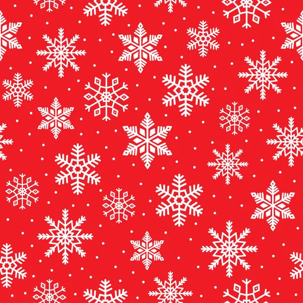 Sneeuwvlokken naadloos patroon. Witte sneeuwvlokken en stippen op rode achtergrond. Achtergrond voor winterontwerp. — Stockvector