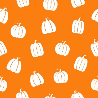 Turuncu arka planda kusursuz beyaz balkabağı deseni. Sonbahar dekoratif tasarımı için arkaplan