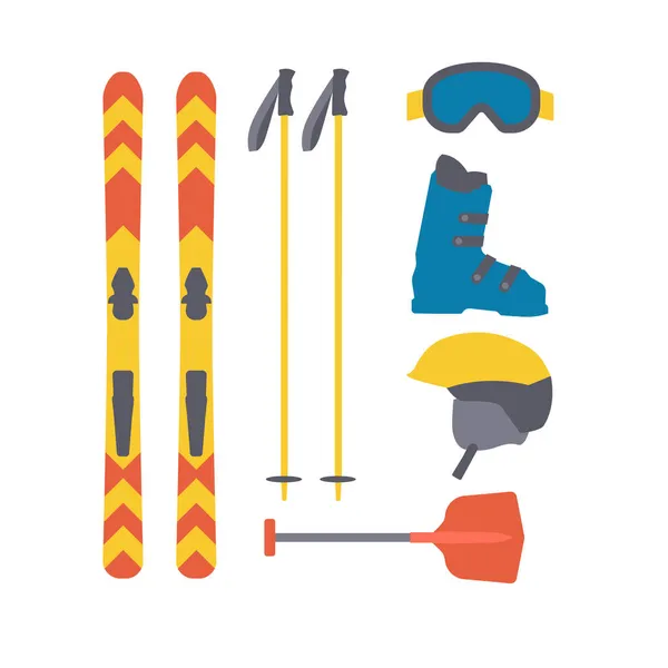 Ensemble d'équipement de ski. Collection sport d'hiver. Eléments pour la station de ski photo, activités de montagne. Style plat. — Image vectorielle