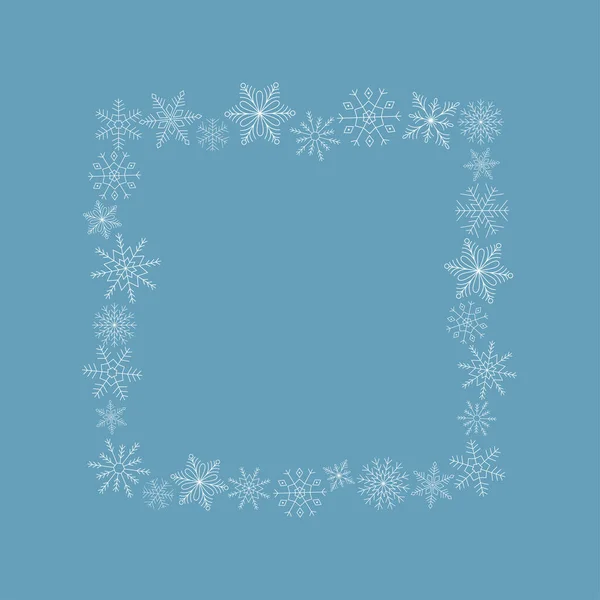 Cornice quadrata di fiocchi di neve bianchi su sfondo blu. Linea art. Simbolo invernale di cristallo di ghiaccio. Modello per il design invernale. — Vettoriale Stock