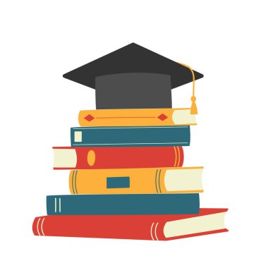 Bir yığın renkli kitap ve mezuniyet şapkası. Yüksek öğrenim ya da öğrenim kavramı. Okul, üniversite, üniversite eğitimi.