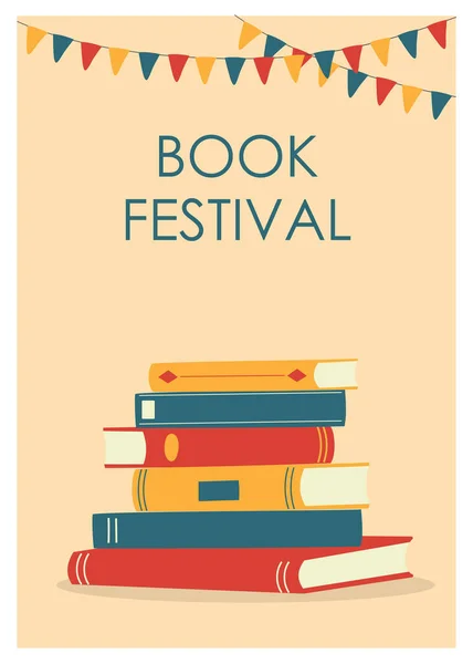 Kitap festivali şablonu ve bir yığın kitap. Dikey afiş ya da poster. Kütüphane ve kitapçı için tasarım şablonu. Düz tasarım. — Stok Vektör