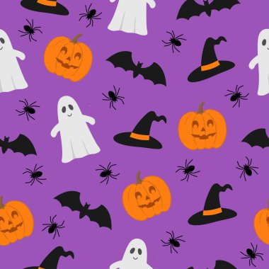 Cadılar Bayramı kusursuz. Balkabakları, yarasalar, örümcekler hayalet ve cadı şapkası menekşe arka planda.