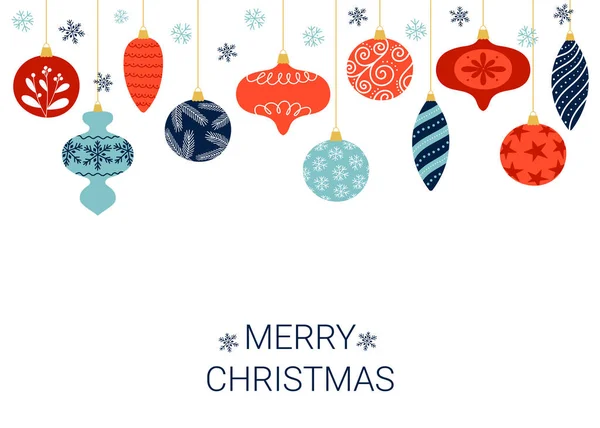 Mutlu Noeller tebrik kartı. Süslü renkli Noel baloları ve beyaz arka planda kar taneleri — Stok Vektör