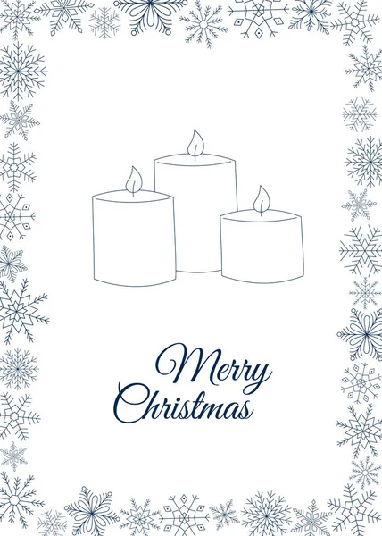Noel tebrik kartı şablonu. Mutlu Noeller mesajı ve üç yanan mum. Kar taneleri çerçevesi. Çizgi çalışması. Doodle tarzı. — Stok Vektör