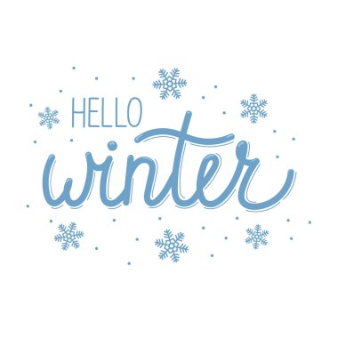 Merhaba Winter 'ı kar taneleri ve noktalarla el çizimi harflerle. Davetiye, tebrik kartı, tişört, parmak izi ve posterler için şablon.