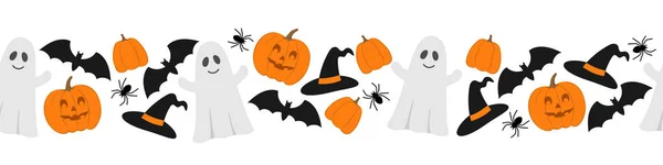 Fronteira perfeita de Halloween. Abóboras, morcegos, aranhas fantasma e chapéu de bruxa. —  Vetores de Stock