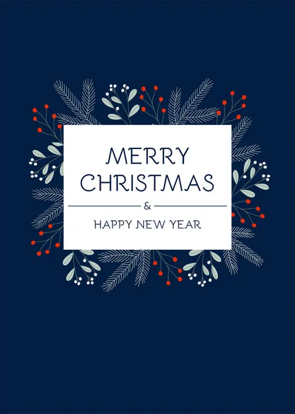 Cartão de felicitações de Natal com plantas e bagas de inverno. Mistletoe, ramo de pinho e bagas no fundo azul. Feliz Natal e Feliz Ano Novo. —  Vetores de Stock
