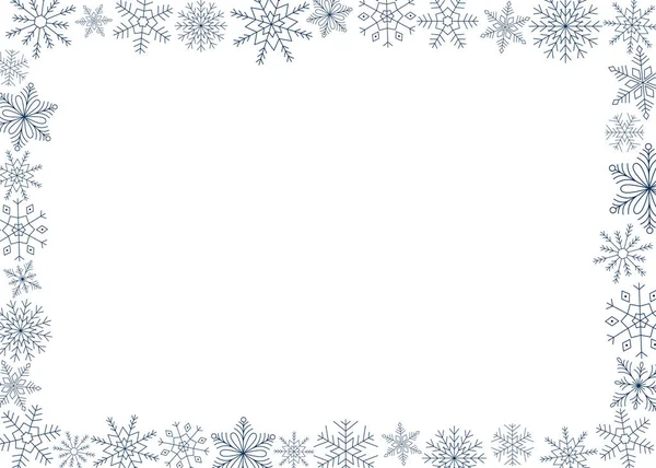 Marco horizontal de copos de nieve azules. Arte de línea. Cristal de hielo símbolo de invierno. Plantilla para diseño de invierno. — Vector de stock