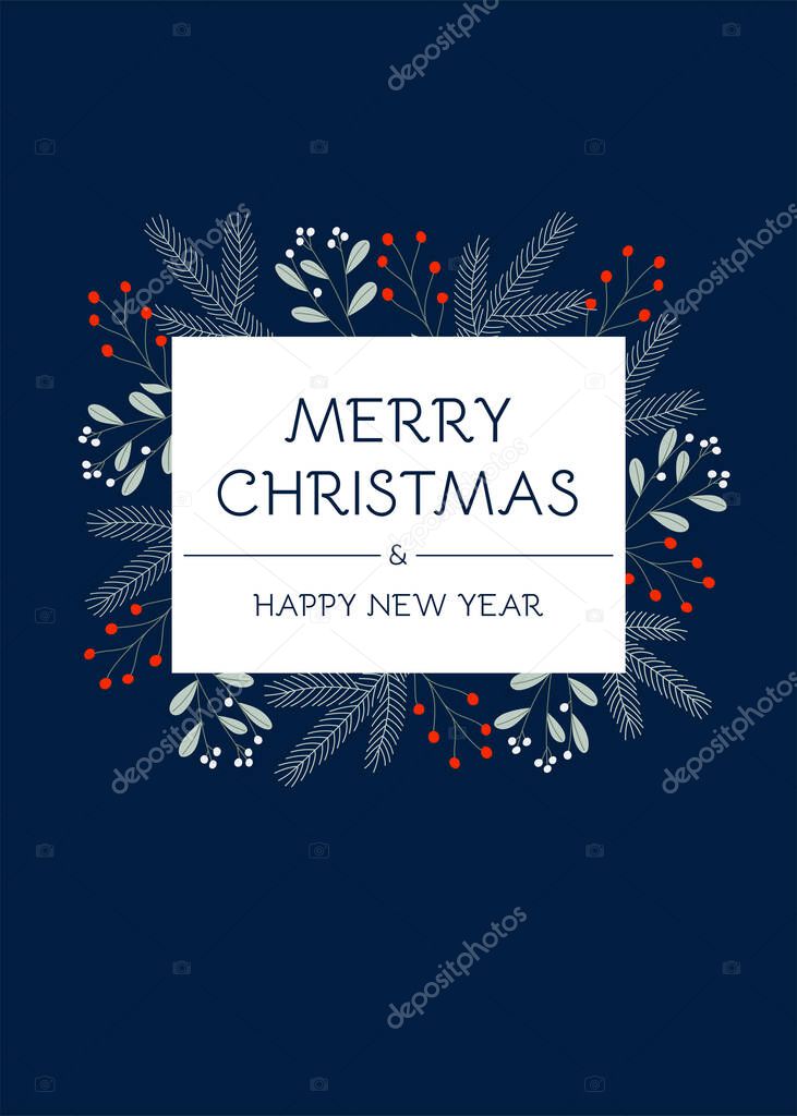 Christmas greeting card with winter plants and berries. Mistletoe, pine branch and berries on blue background. Merry Christmas and Happy New Year.