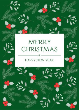 Kış bitkileri ve böğürtlenlerle dolu Noel tebrik kartı. Ökseotu, çam dalı ve yeşil arka planda çoban püskülü. Mutlu Noeller ve mutlu yıllar..