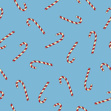 Mavi arka planda dikişsiz Noel şekeri deseni. Doodle tarzı. Çizgi çalışması. Noel ve Yeni Yıl tebrik kartı için arka plan. 