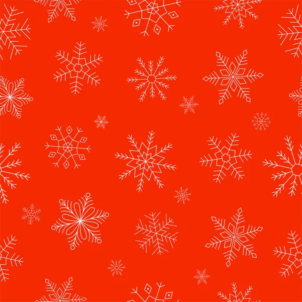 Copos de nieve patrón sin costuras. Copos de nieve blancos sobre fondo rojo. Arte de línea. Fondo para el diseño de invierno. — Vector de stock