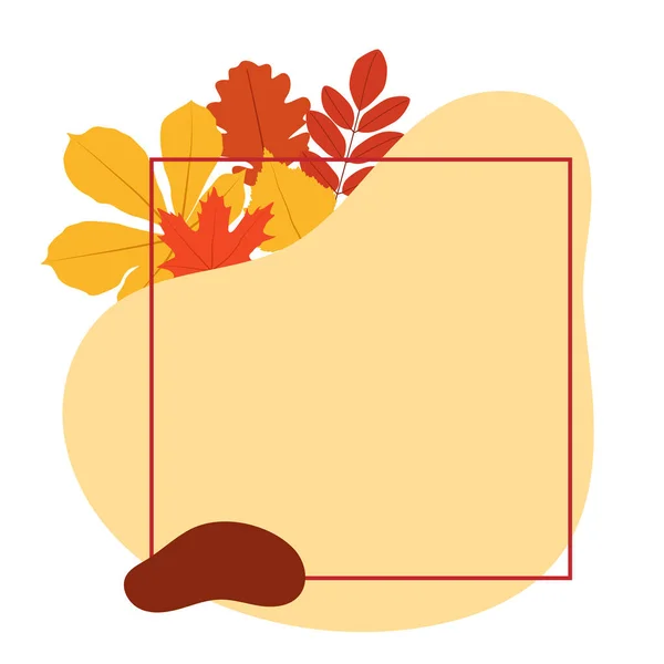 Αφηρημένο φόντο φθινόπωρο. Φθινοπωρινά φύλλα και πλαίσιο με ρέοντα υγρά σχήματα. Επίπεδο μινιμαλιστικό στυλ. — Διανυσματικό Αρχείο