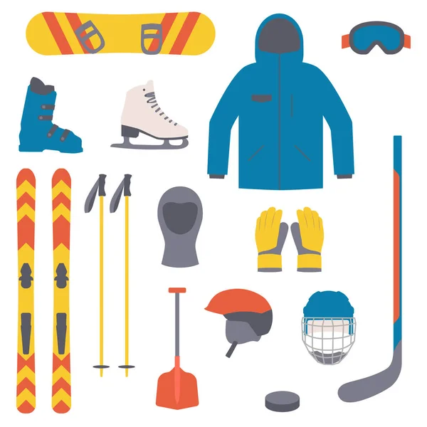 Комплект зимнего спортивного оборудования. Зимняя спортивная коллекция. Элементы для катания на лыжах, коньках, сноуборде и хоккее. Плоский стиль. — стоковый вектор